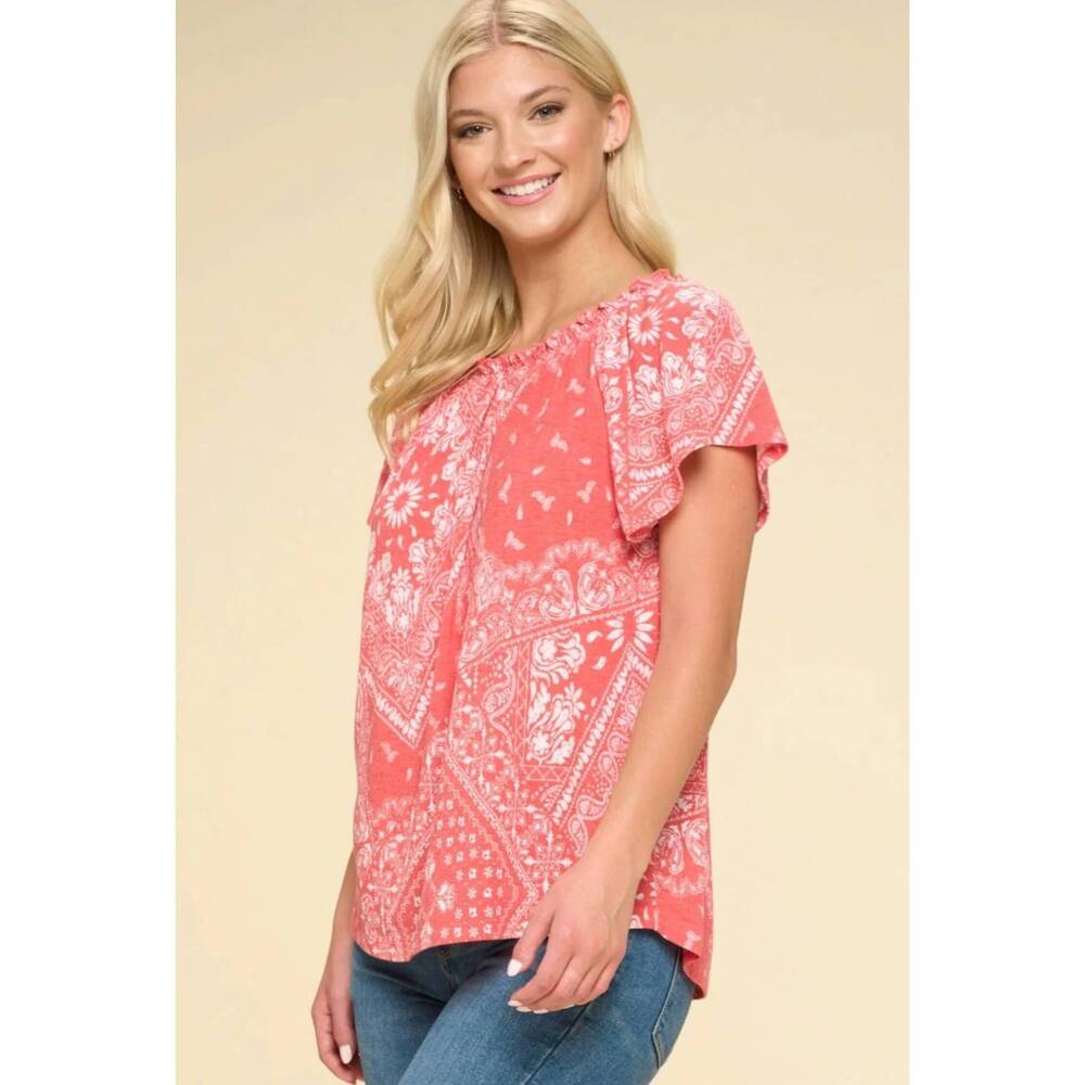 NEW ODDI paisley printed boat neckline western top in pink